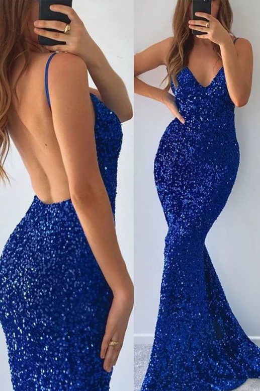 Blue Sparkly Sequin V Neck Mermaid Backless Side Slit Long Prom Dress With Train,Party Dress,Evening Dress fg1395