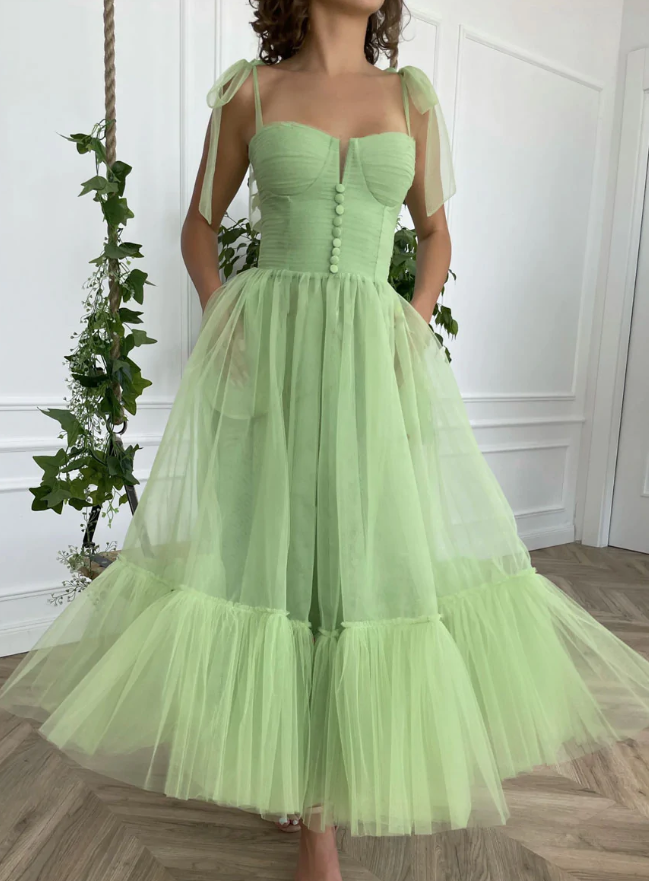 SIMPLE GREEN TULLE TEA LENGTH PROM DRESS, GREEN EVENING DRESS fg1579