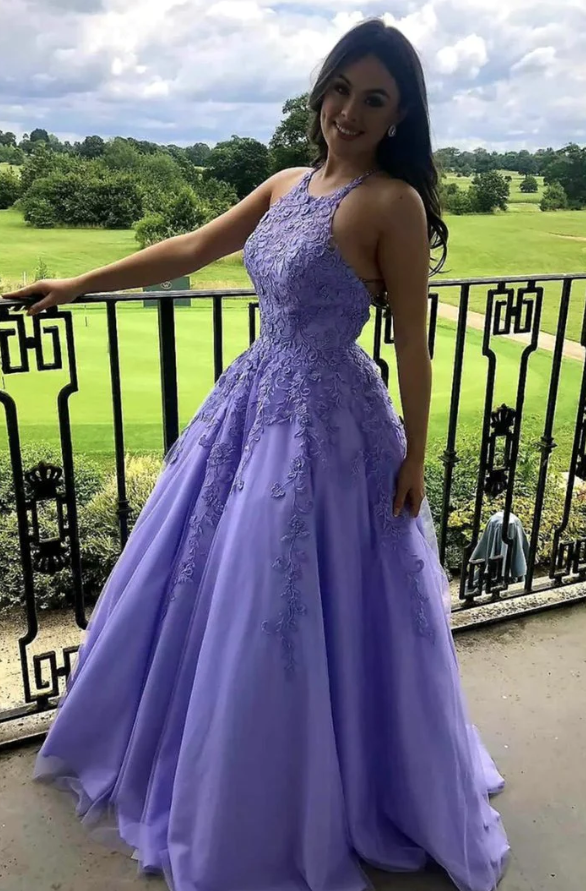 Purple Lace Long A line Prom Dress Evening Dress fg1439