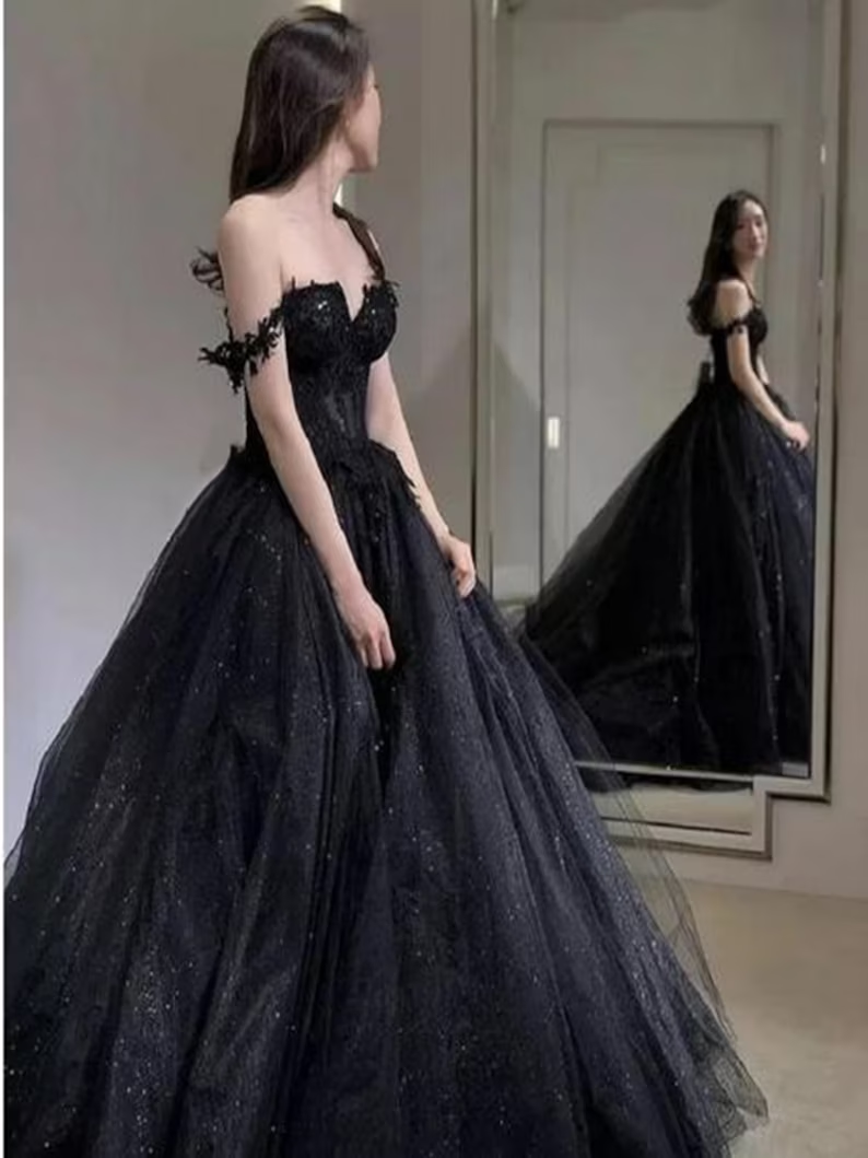 Lace Applique Tulle Dress, Black Glitter Wedding Dress, 3D Flowers Long Evening Gown fg2942