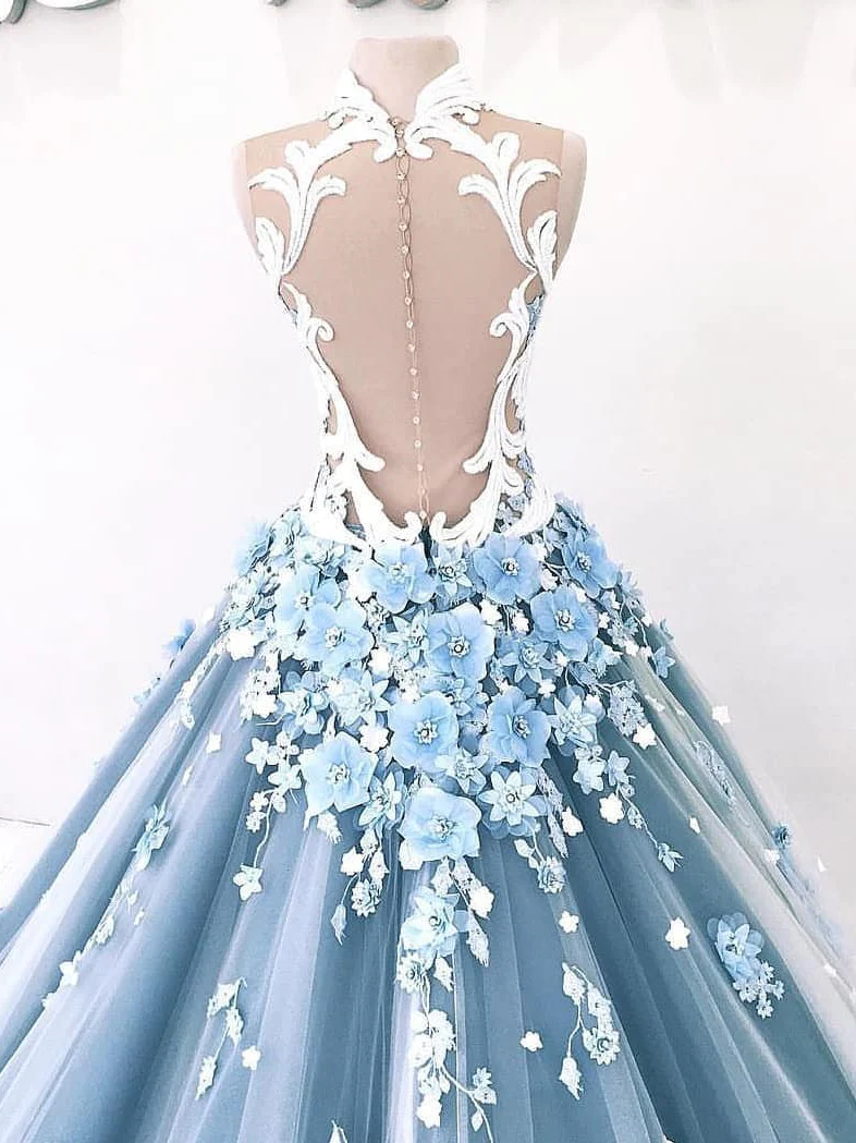 Vintage Ball Gown Prom Dress Tulle High Neck Customed Prom Dress fg3052