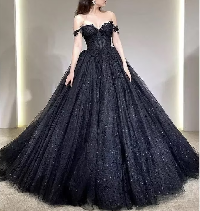 Lace Applique Tulle Dress, Black Glitter Wedding Dress, 3D Flowers Long Evening Gown fg2942
