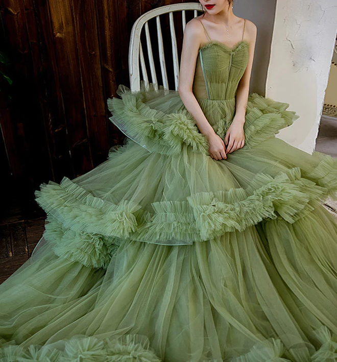 Princess Spaghetti Straps Green Tulle Long Dress A Line Tiered Formal Dress fg1413