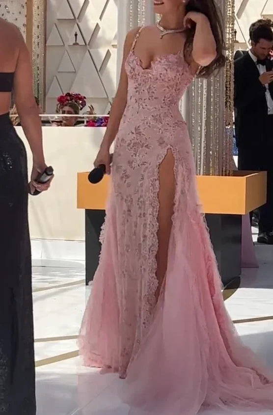 Vestido de fiesta vintage de encaje rosa con escote en forma de corazón, vestido de noche largo, corte A, vestido formal con abertura alta TP4589