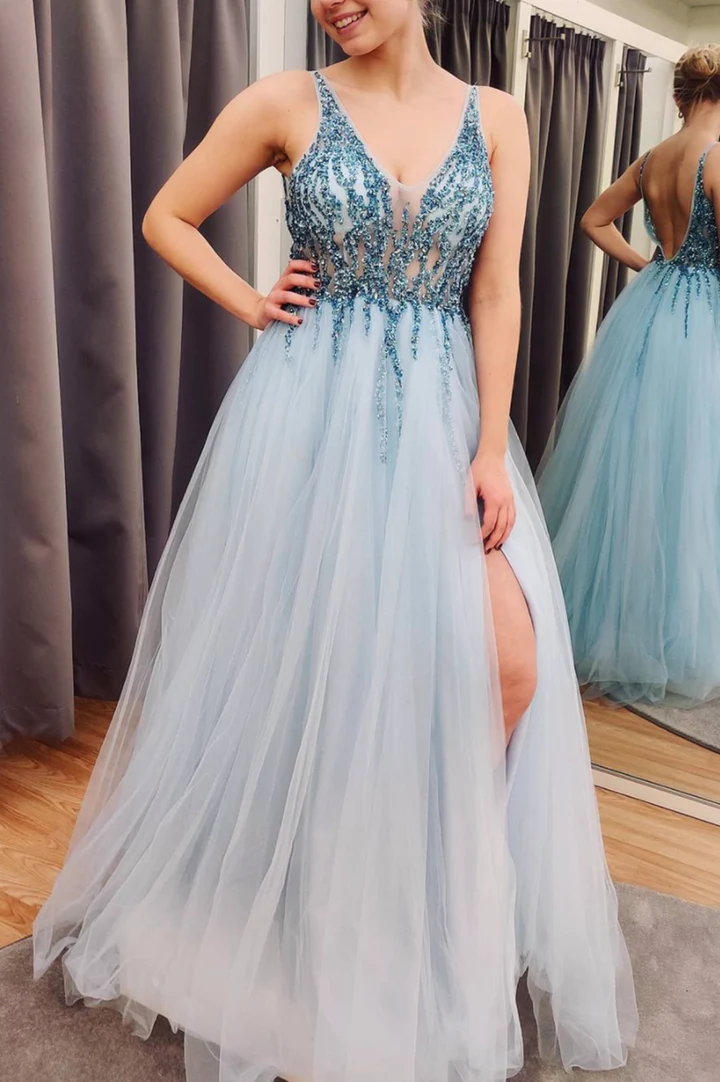 Blue tulle beads long A line prom dress evening dress fg1891