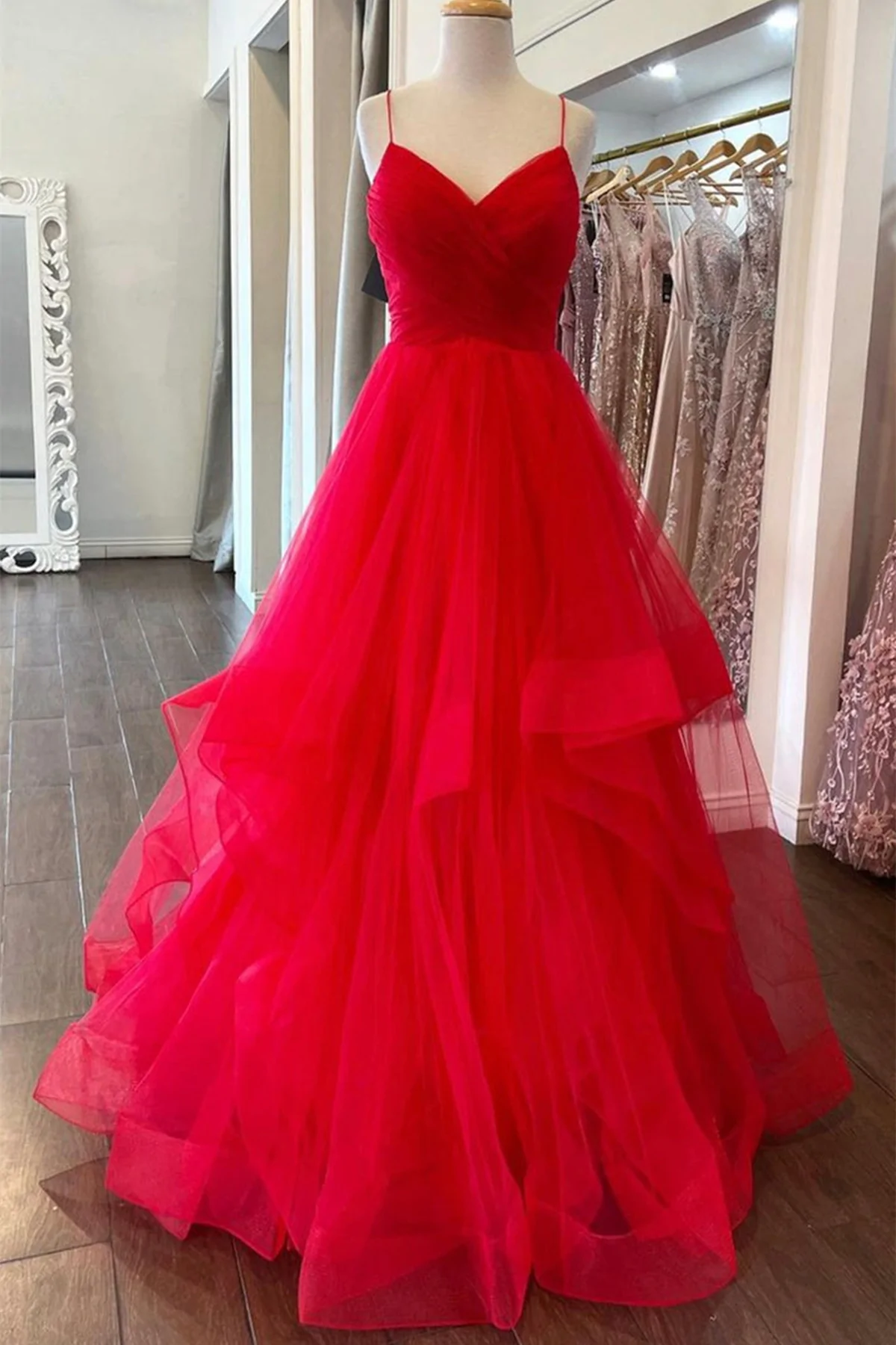 Puffy Red Tulle V Neck Long Prom Dresses, V Neck Red Formal Dresses, Red Evening Dresses fg2488