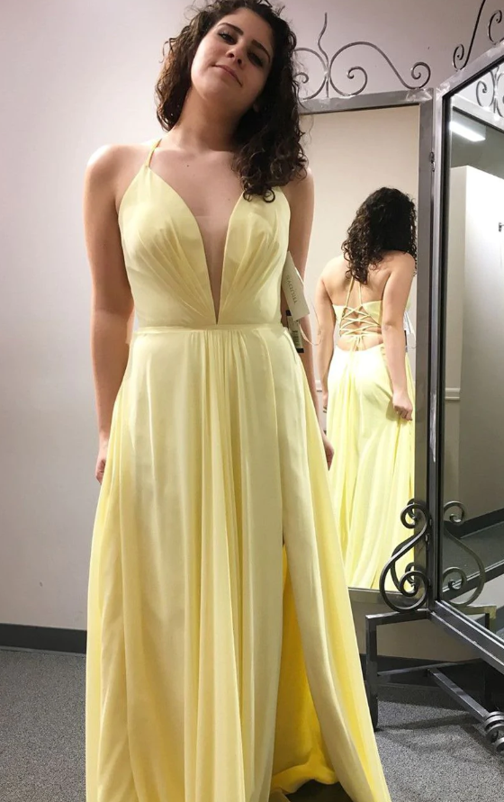 Elegant V Neck A-Line Yellow Long Prom Dress with Slit fg1540