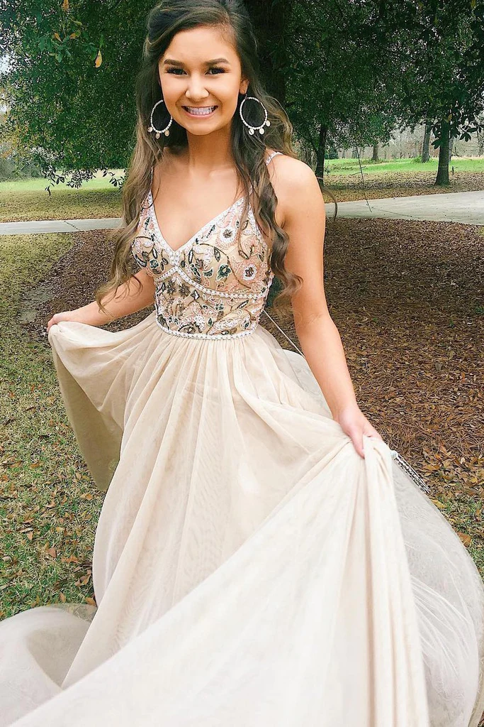 Chic Spaghetti Straps Low Back V Neck Prom Dress A Line Long Evening Dresses with Flowers fg2282