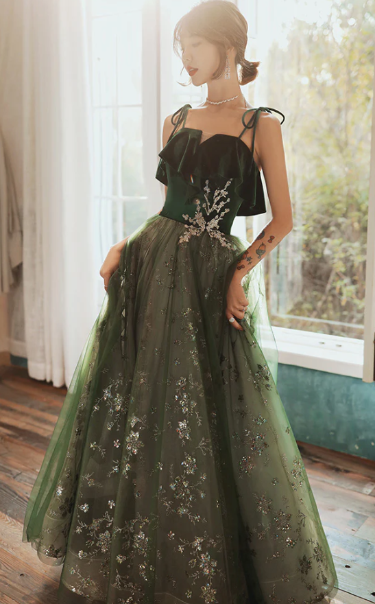 Beautiful Dark Green Straps Tulle with Velvet Party Dress, Green Evening Gown Prom Dress fg1051