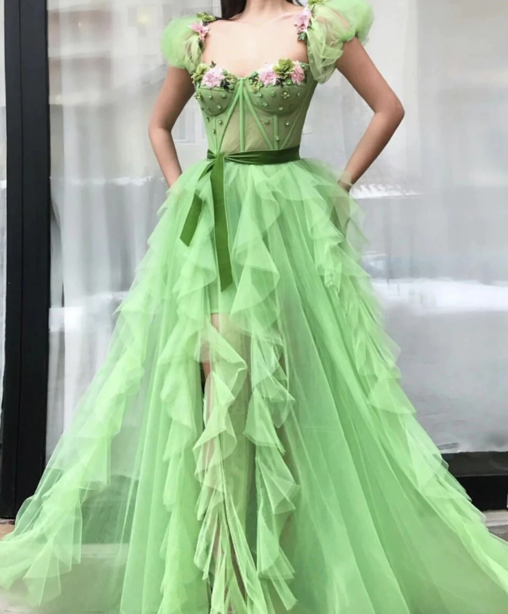 Green Long Tulle Flowers Crystals Prom Dresses Sweetheart High Split Formal Evening Dress fg1666
