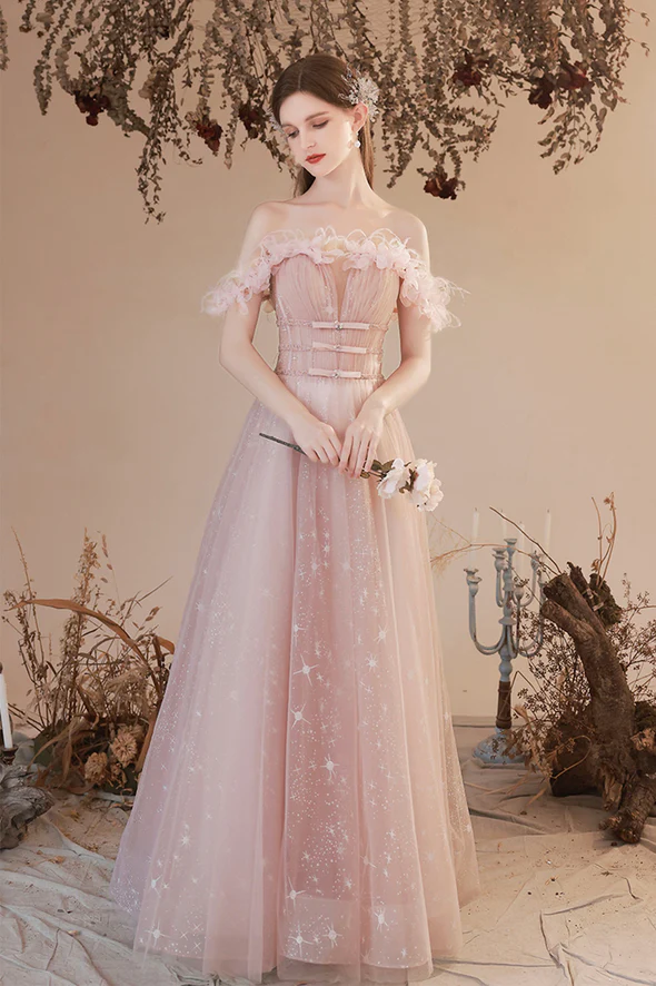 Pink tulle long prom dress A-line evening dress fg2222