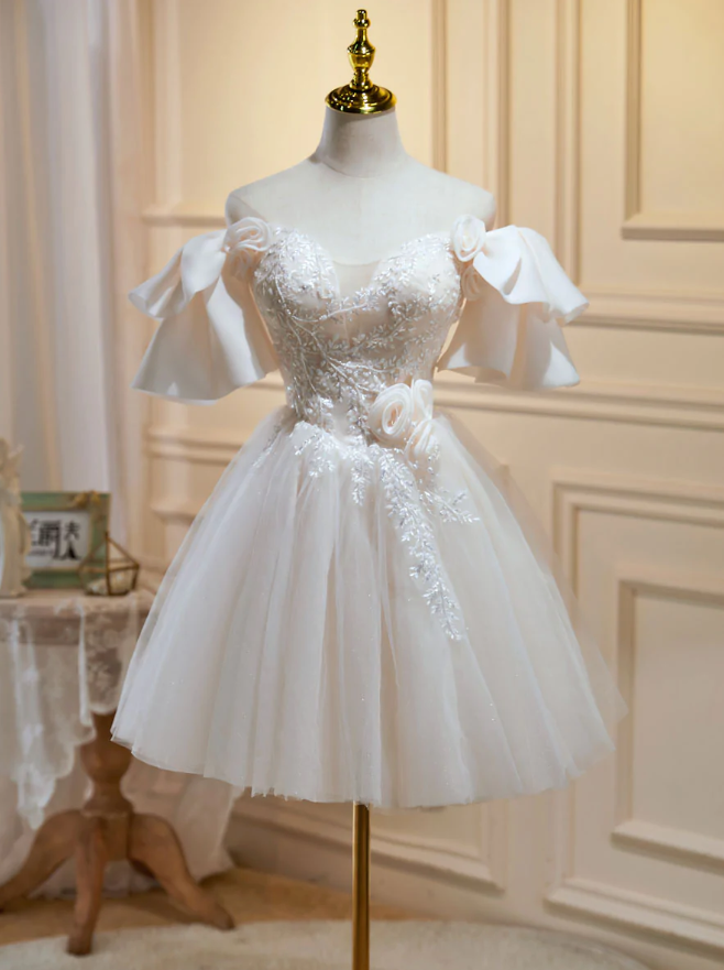 Short Beige Prom Dresses, Beige Tulle Lace Homecoming Dresses fg1307