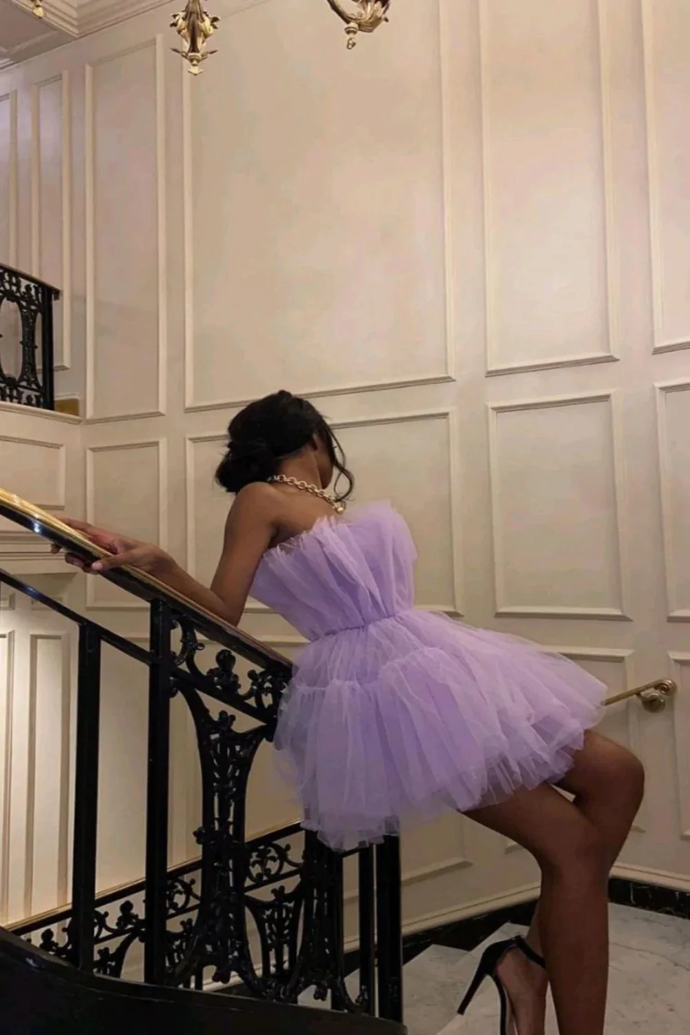Light purple tulle mini prom dresses strapless pleated homecoming dress fg1875