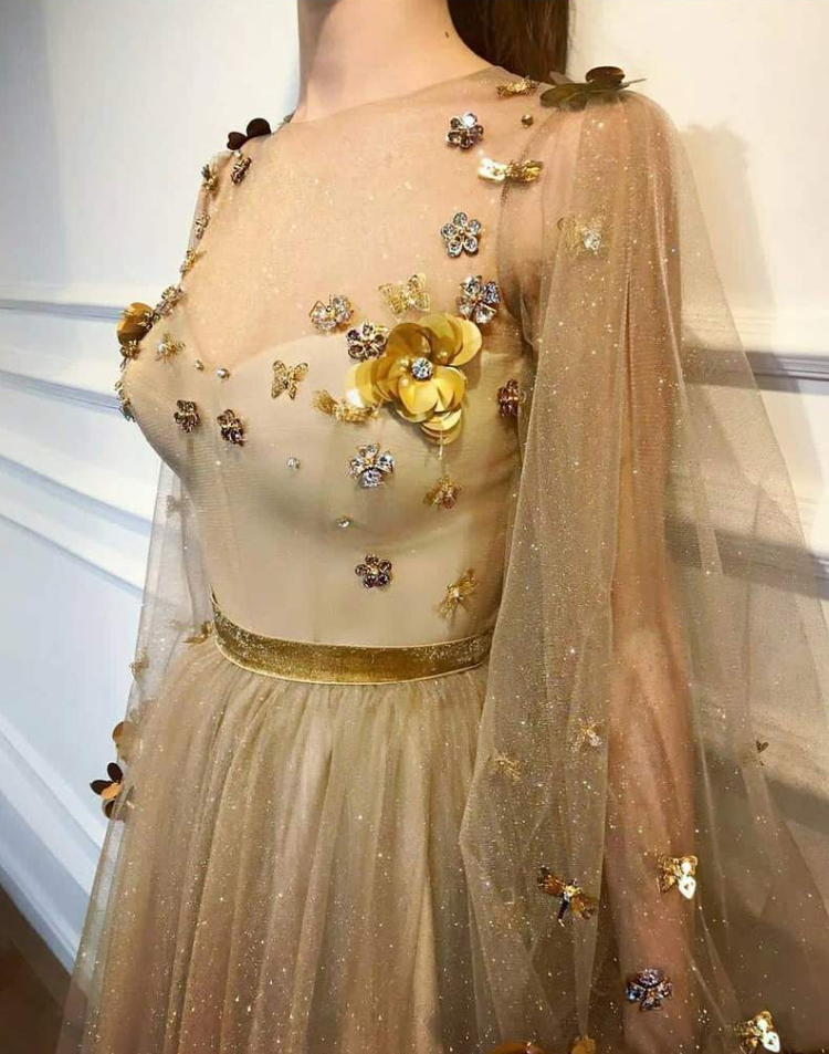 Chic Prom Dresses,A-Line Prom Dress,Scoop Prom Dresses,Long Sleeve Prom Dress,Gold Prom Dresses,Long Prom Dress fg1802