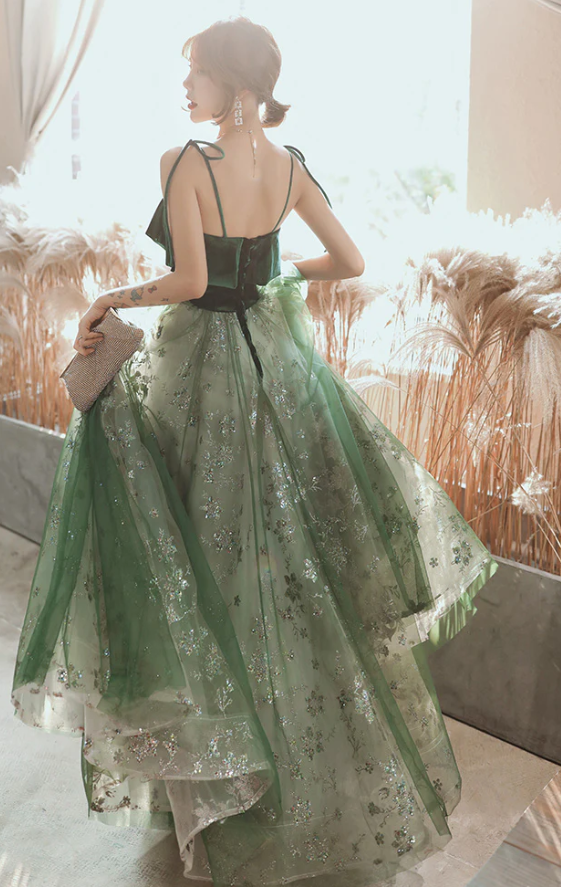 Beautiful Dark Green Straps Tulle with Velvet Party Dress, Green Evening Gown Prom Dress fg1051
