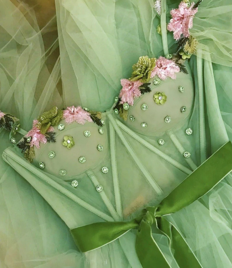 Green Long Tulle Flowers Crystals Prom Dresses Sweetheart High Split Formal Evening Dress fg1666