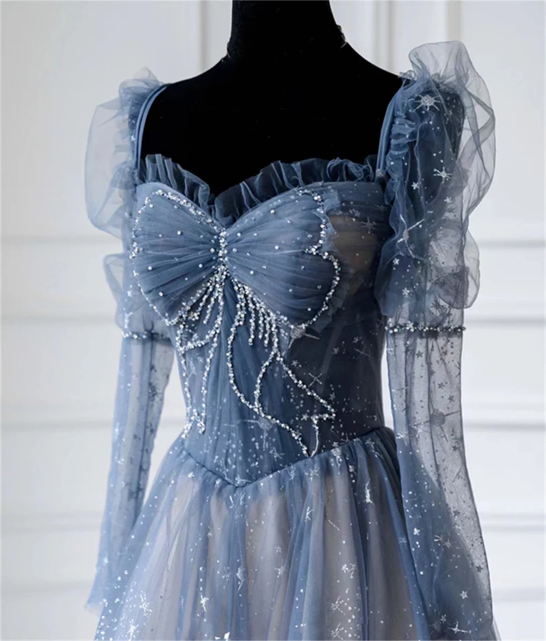Blue prom dress long Fairy ball gown dress Long sleeves prom dress Sparkle rhinestone dress Romantic star print evening dress cg24826