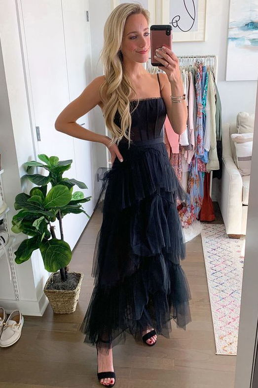 New Arrival A-Line Tiered Tulle Black Prom Dress, Spaghetti Straps Long Evening Dress cg24881