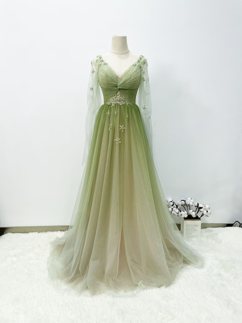 A-line Gradient Green Prom Gown, Soft Glitter Tulle Party Dress fg4554