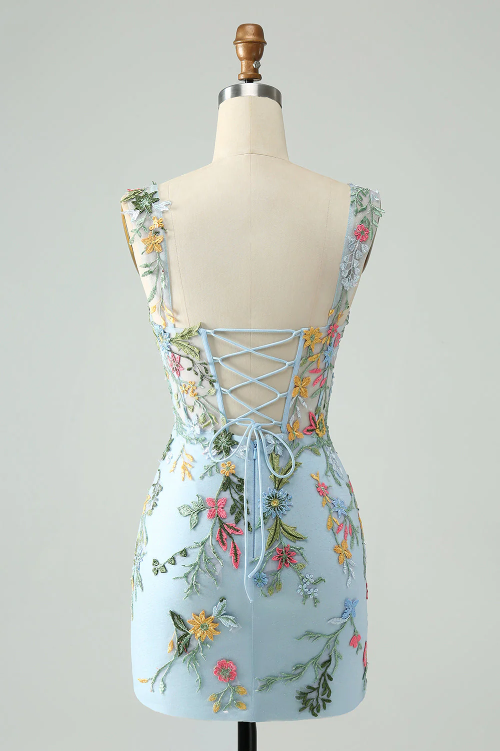 Blue Floral of the Shoulder Corset Short Homecoming Dress with Embroidery fg5496