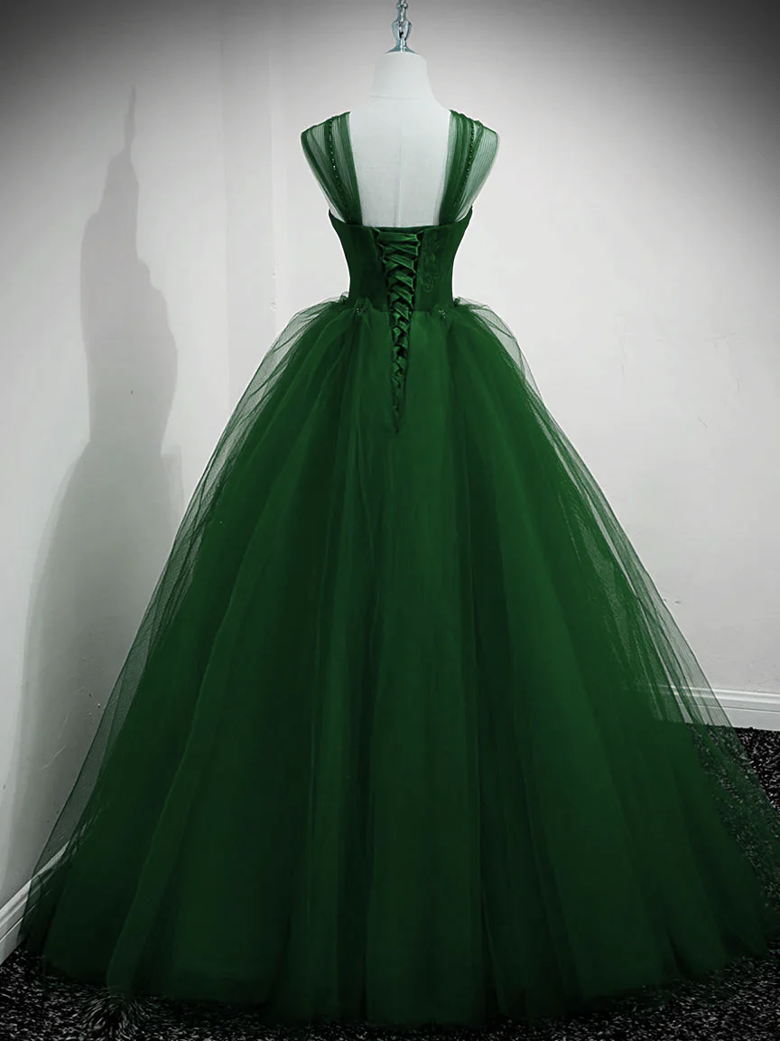 Green Tulle Beaded Sweetheart Long Party Dress, Green A-line Prom Dress Evening Dress cg25057