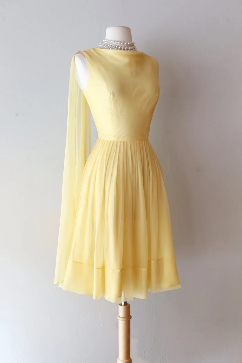 Chiffon Party Dress Vintage 60s Pale Yellow Cocktail Dress With Trailing Shoulder Sash fg5623
