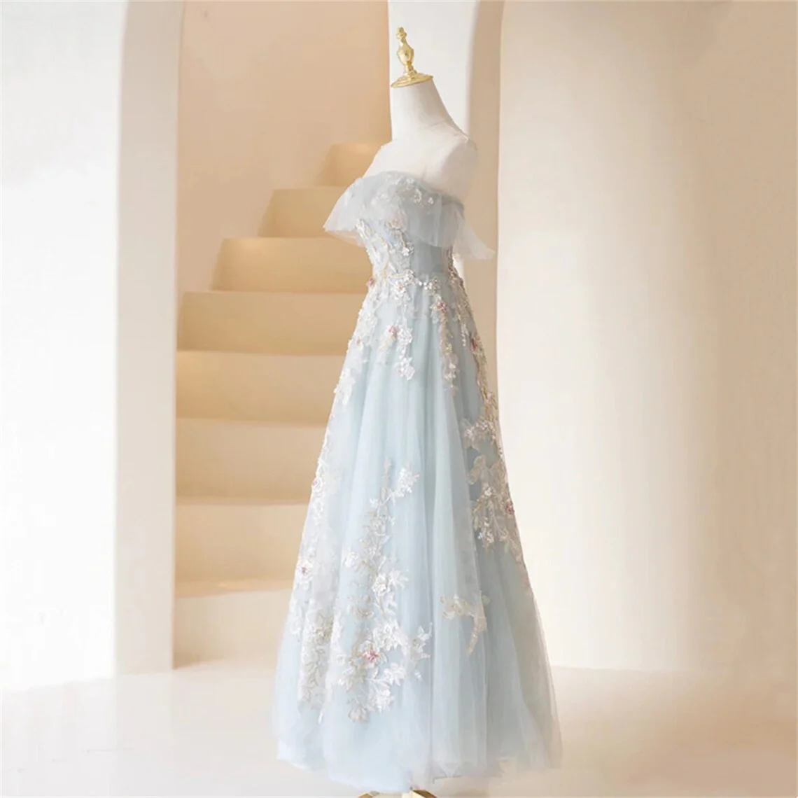 Light Blue Prom Dresses Fairy,Long Blue Tulle Floral Appliques Formal Dresses fg5691