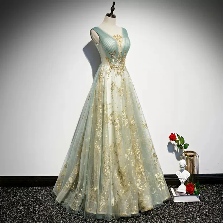 Prom Dresses A-line Green and Gold Sequins Long Formal Dress cg22607