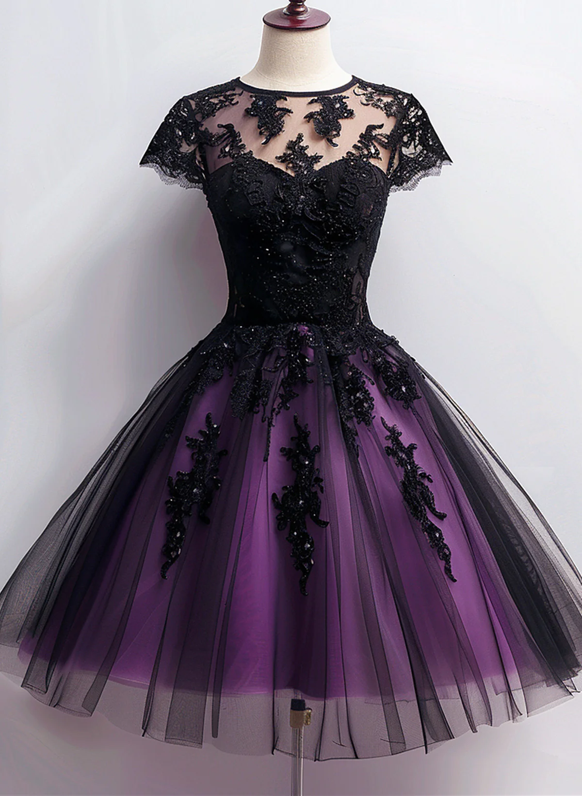 Cute Black And Purple Tulle Short Sleeves Party Dress, Tulle Short Homecoming Dress cg25018