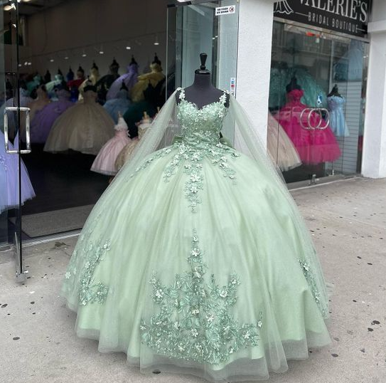 Sage Green Shiny Sweetheart Quinceanera Dresses With Cape Sweet 16 Dresses Ball Gown Applique Tulle Birthday Gowns fg4540