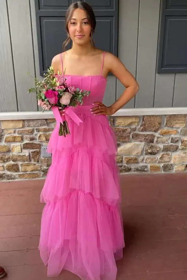 Vestidos de graduación de tul en capas con tirantes finos, vestidos formales largos