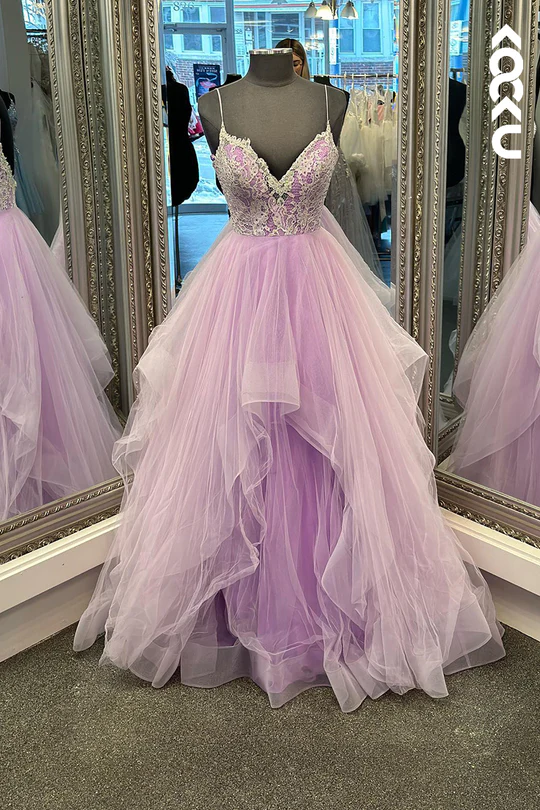 A-Line Straps Tulle Appliques Sleeveless Prom Dress fg4591