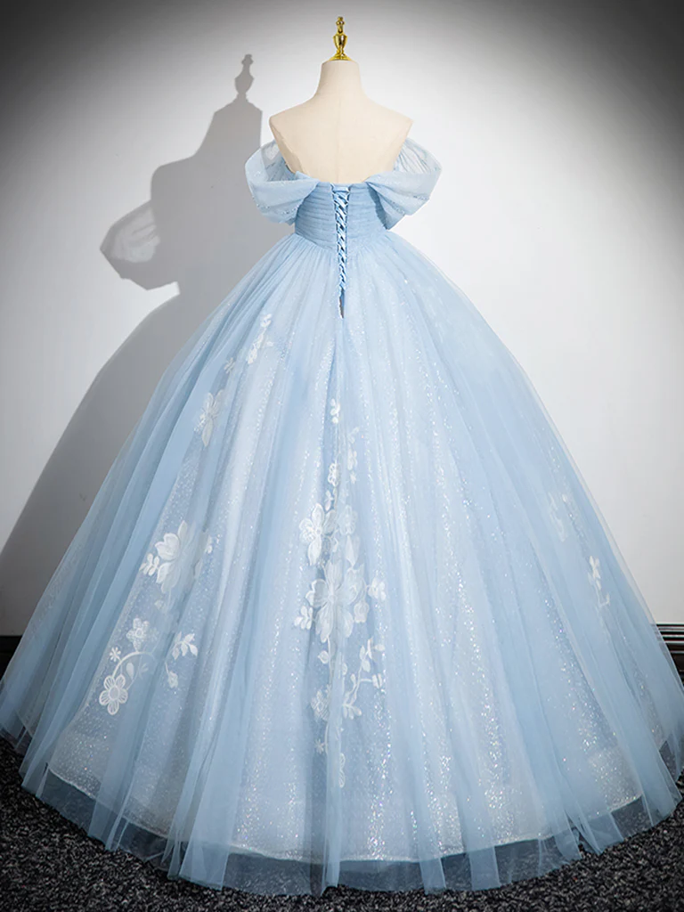 A-Line Tulle Lace Blue Long Prom Dress, Off Shoulder Blue Long Sweet 16 Dress cg25056