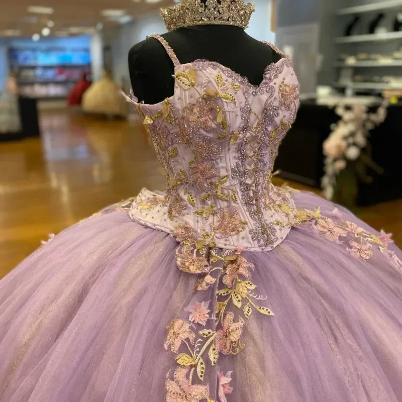 Elegante vestido de quinceañera con apliques de cuentas y tirantes finos, corte A, de tul, largo hasta el suelo, para fiesta de graduación, cumpleaños, noche, baile, TP4542