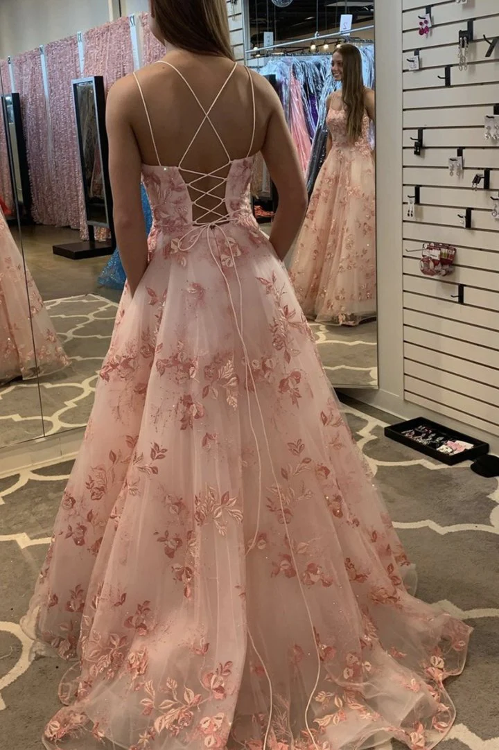 Pink tulle lace long ball gown dress A line evening dress cg24941