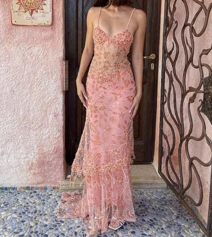 Vestido de fiesta vintage de encaje rosa con tirantes finos, largo, de noche, TP4583