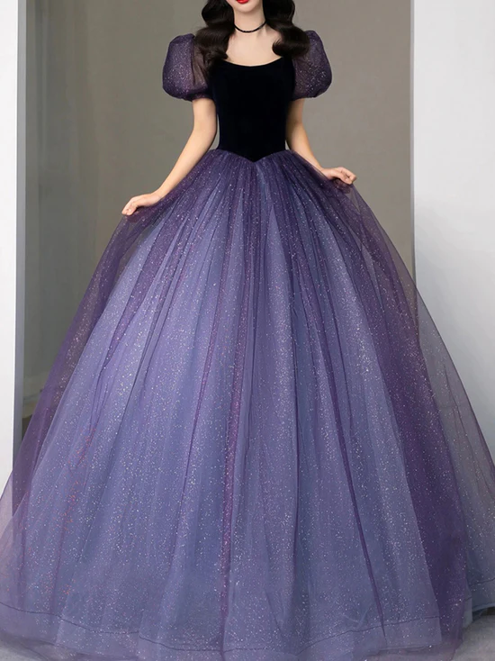 Purple tulle sequin long prom dress, purple evening dress cg24995
