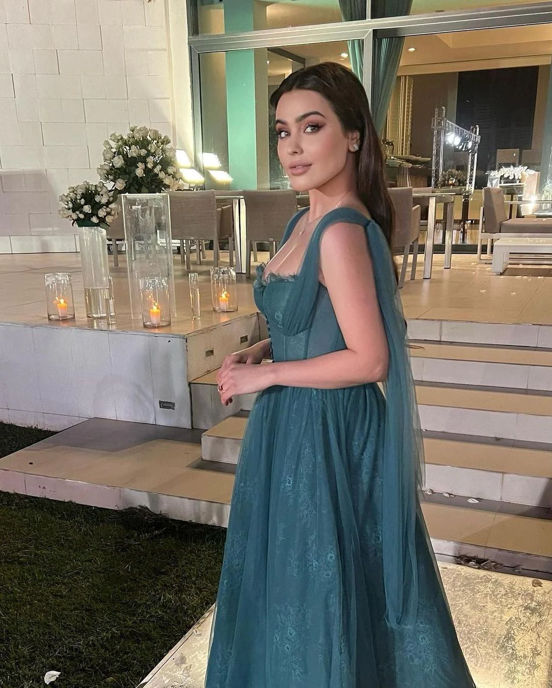 Gray Blue Straps Lace Tulle Popular Modest Prom Dress fg2550