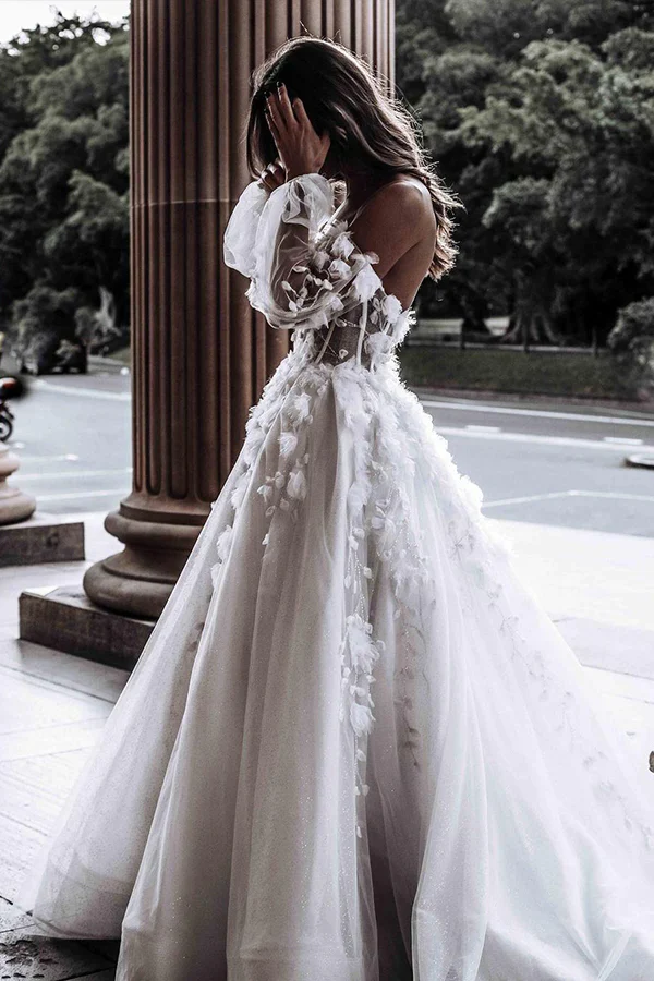 MODERN SWEETHEART SLEEVELESS WEDDING DRESS WHITE 3D FLORAL LACE BRIDAL GOWN fg5299