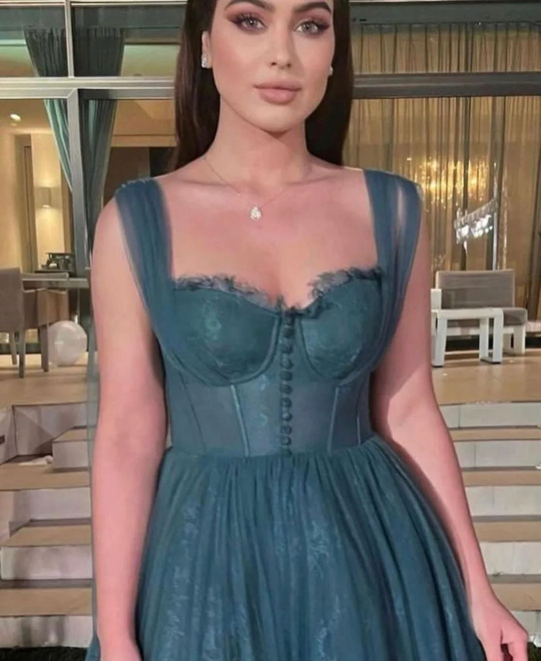 Gray Blue Straps Lace Tulle Popular Modest Prom Dress fg2550