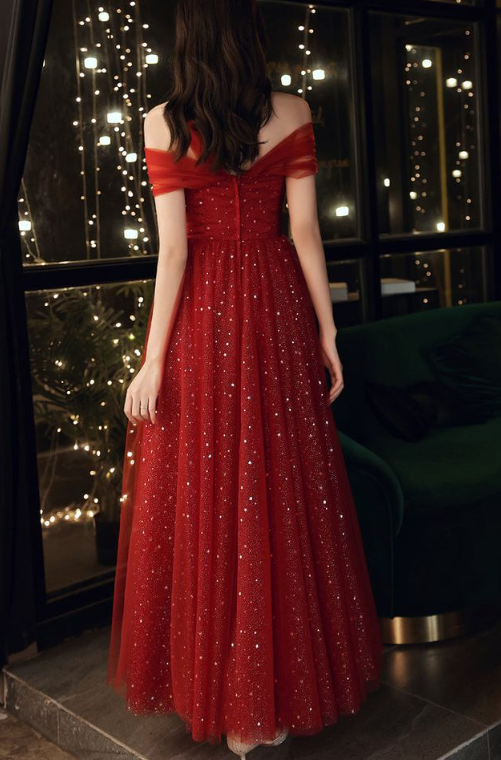 Red Off Shoulder Tulle Long Party Dress, Red A-line Tulle Formal Dress Prom Dress fg5208