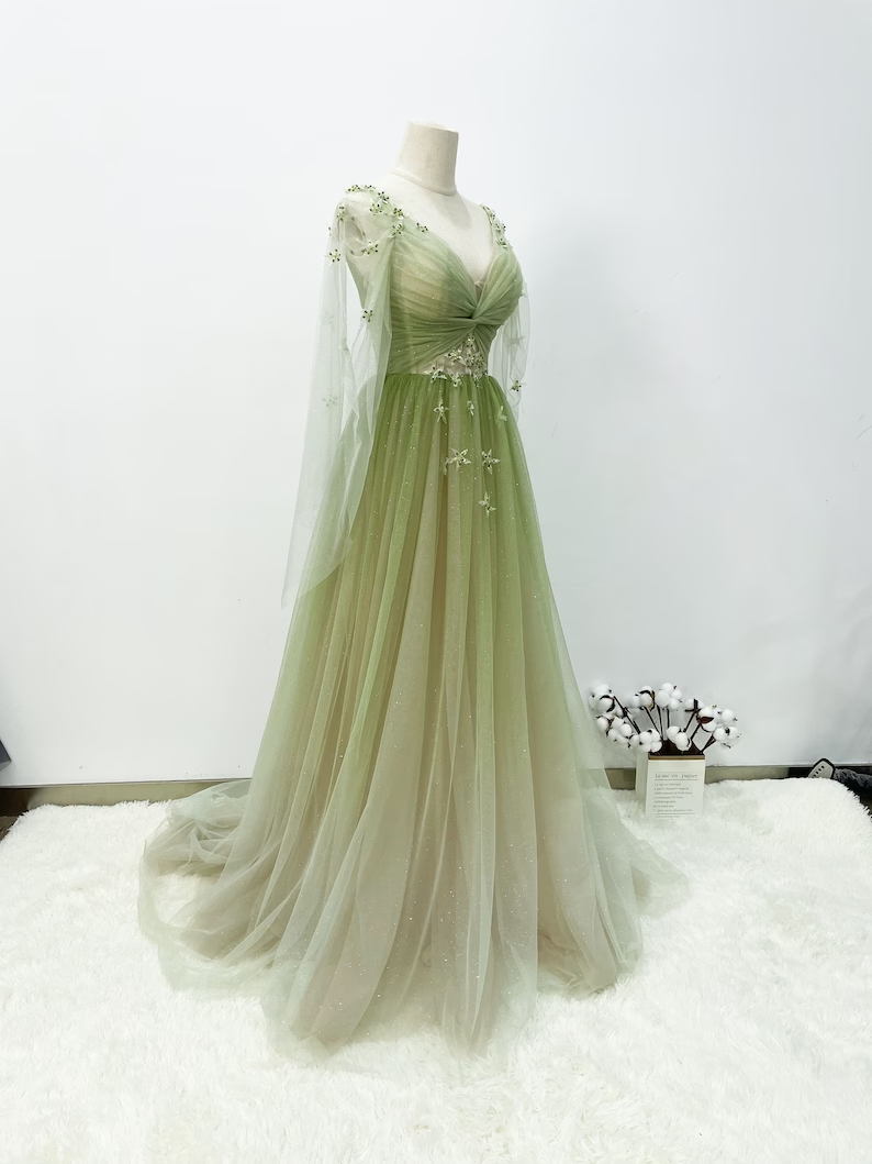A-line Gradient Green Prom Gown, Soft Glitter Tulle Party Dress fg4554