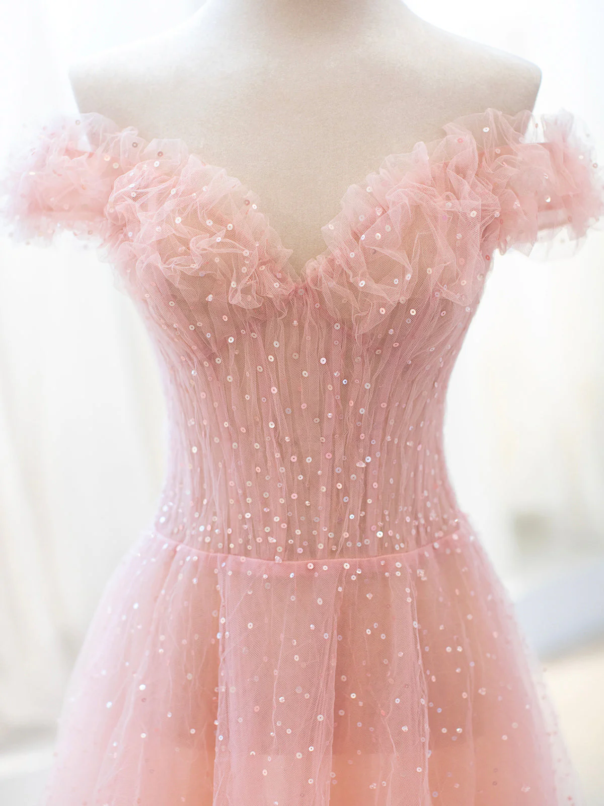 Pink Tulle Sequins Long Prom Dress, A-Line Lovely Evening Party Dress cg25118