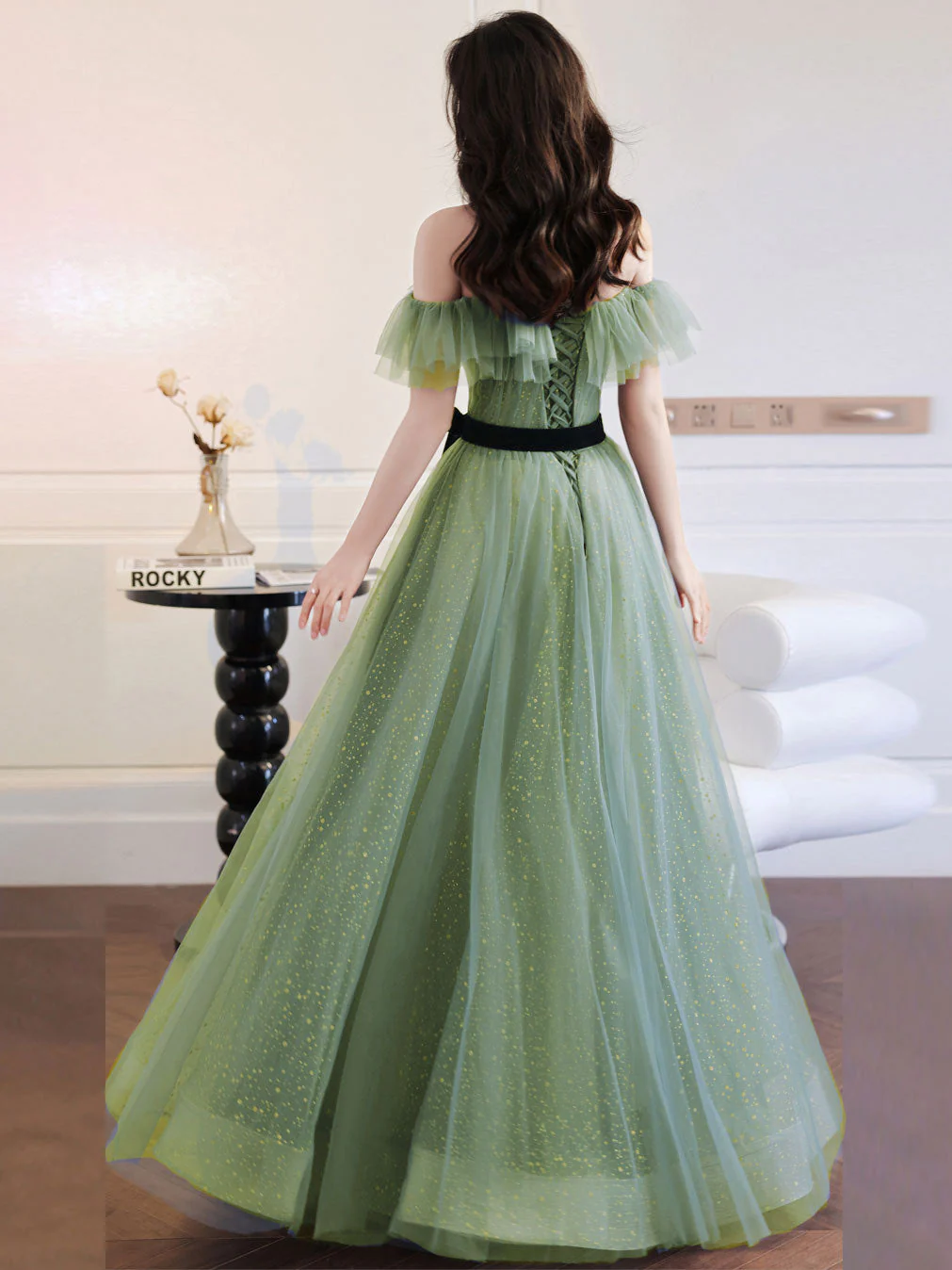 A line Green Long Prom Dresses, Green Tulle Formal Graduation Party Dress cg24988