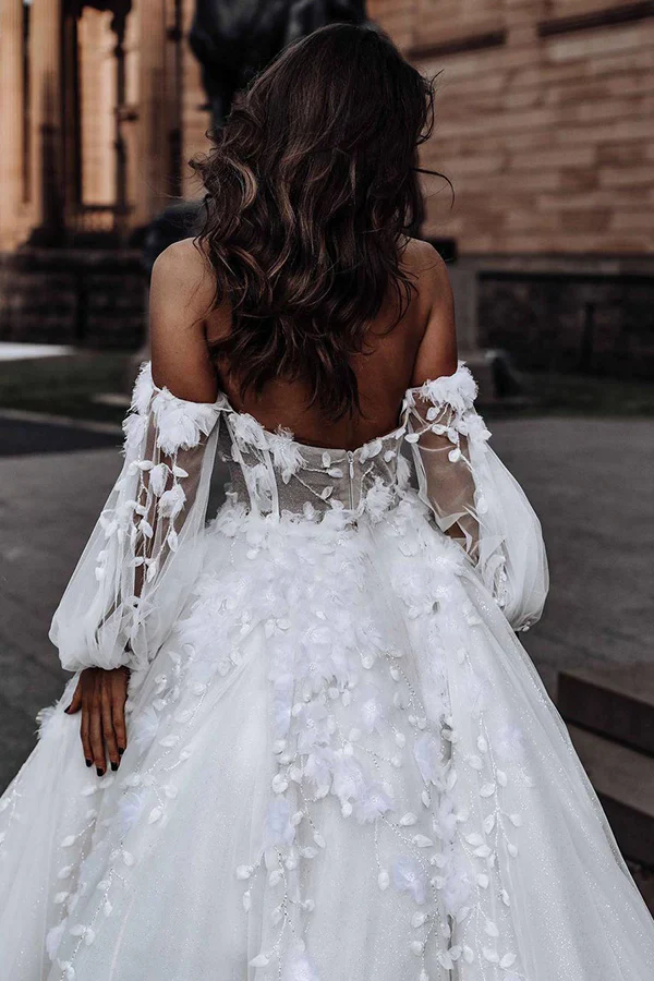 MODERN SWEETHEART SLEEVELESS WEDDING DRESS WHITE 3D FLORAL LACE BRIDAL GOWN fg5299