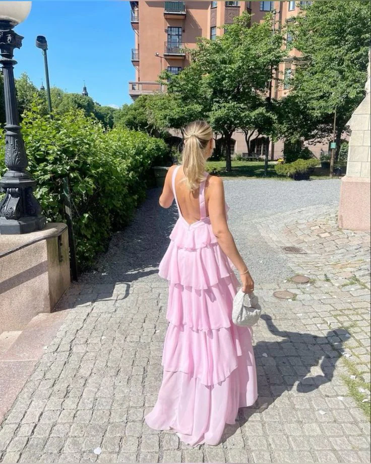Pink A-line Tiered Prom Dress,Pink Backless Evening Dress fg4539
