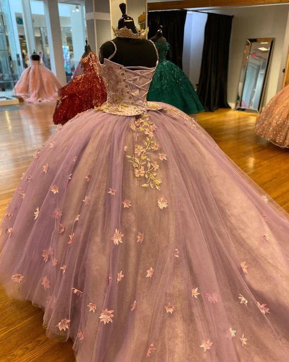Elegante vestido de quinceañera con apliques de cuentas y tirantes finos, corte A, de tul, largo hasta el suelo, para fiesta de graduación, cumpleaños, noche, baile, TP4542
