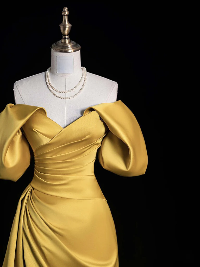 A-Line Off Shoulder Satin Gold Long Prom Dress, Gold Long Evening Dress fg6085