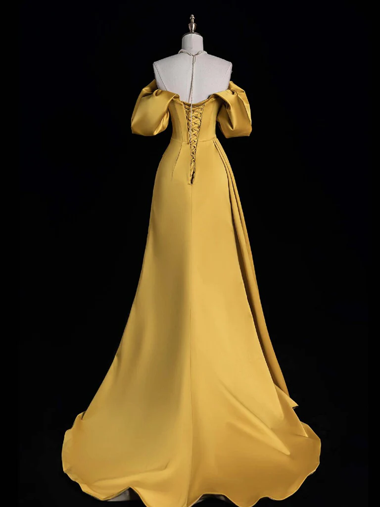 A-Line Off Shoulder Satin Gold Long Prom Dress, Gold Long Evening Dress fg6085