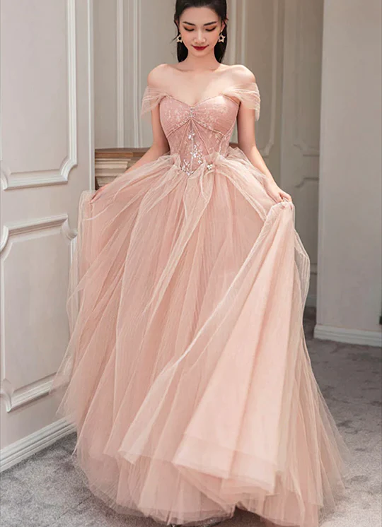 Pink Sweetheart With Lace Beaded Tulle Junior Prom Dress, Pink Long Formal Dresses cg24960